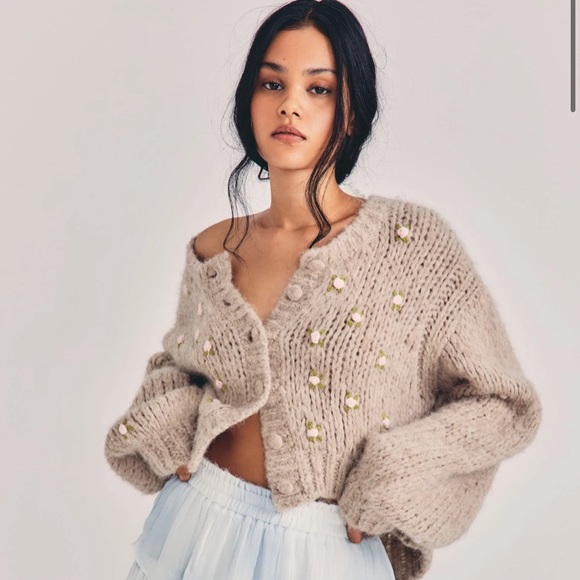 LoveShackFancy Sweaters - NWT Loveshackfancy Emilie Alpaca Embroidery Cardigan Sweater XS Oat